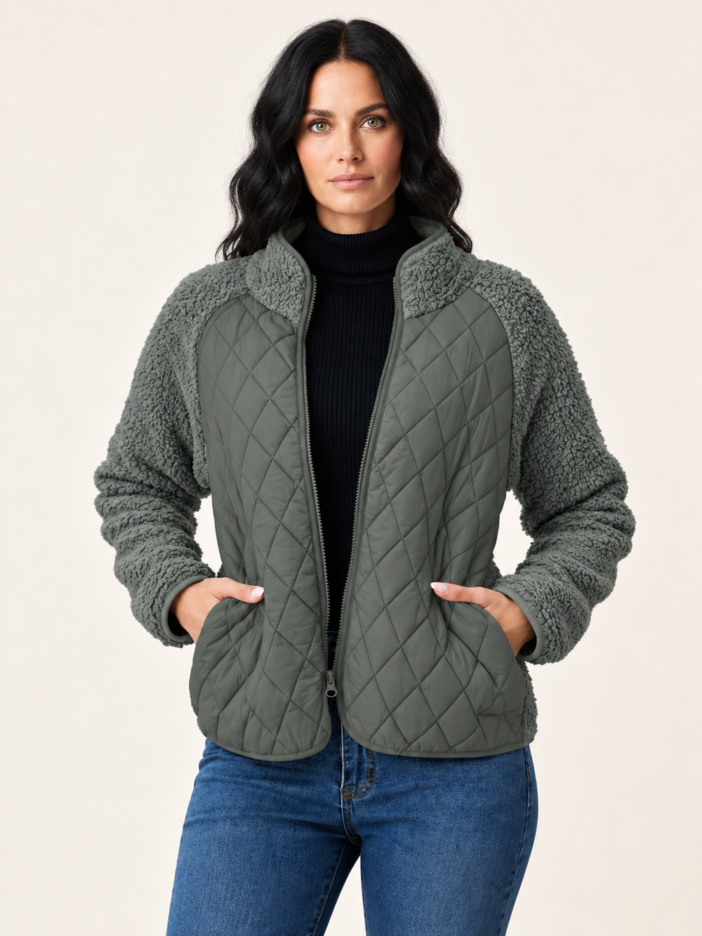 Quilted Sherpa Fleece Zip-Up Jacket – Dark Grey