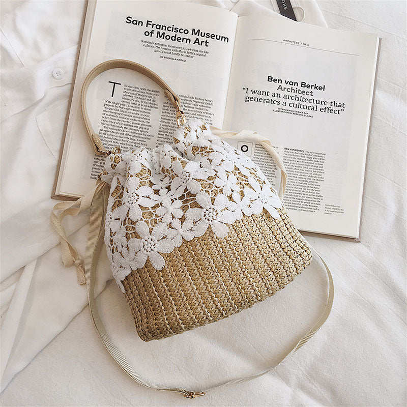 Retro Floral Woven Crossbody Bucket Bag for Women