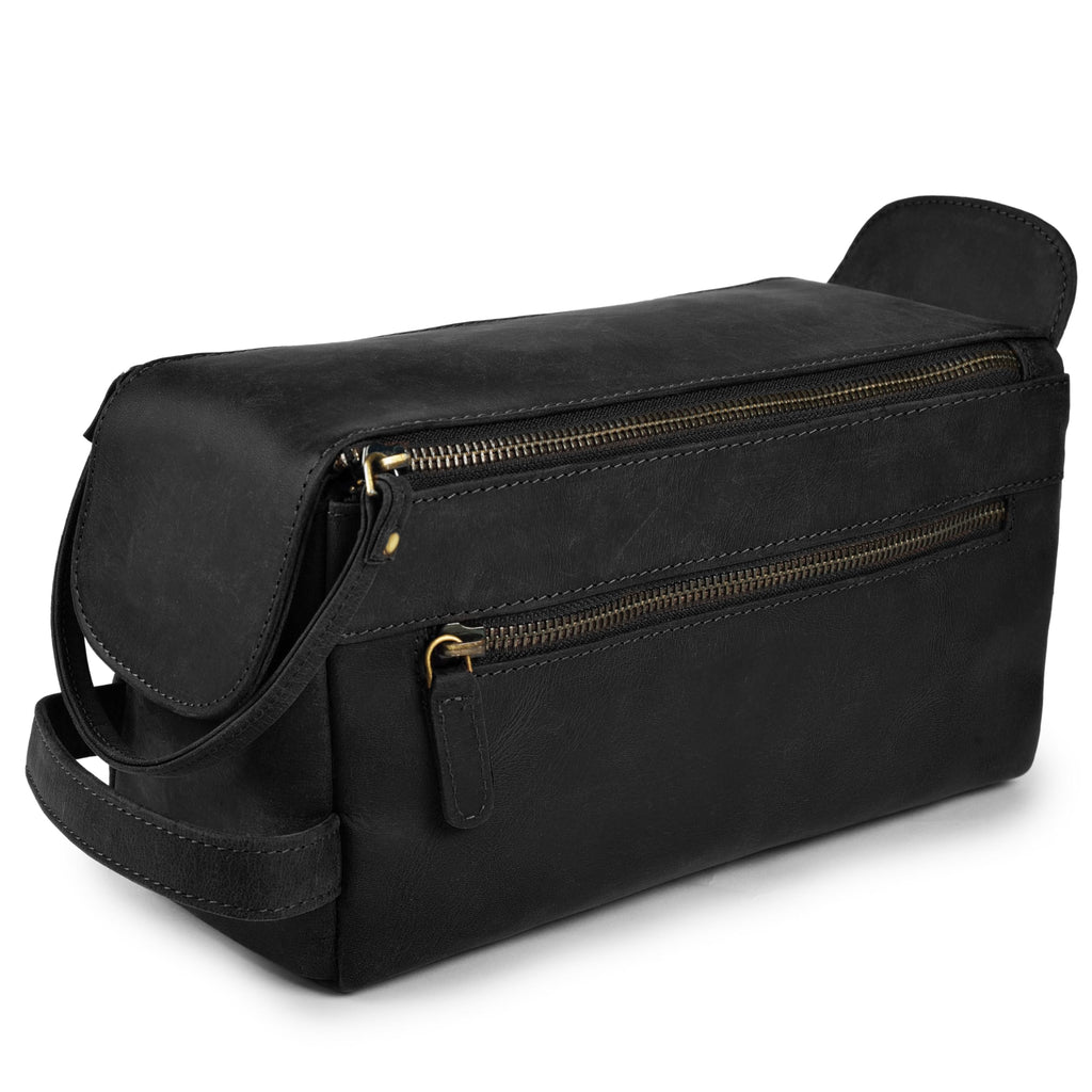 LEATHER VILLAGE Premium Leather Travel Toiletry Bag - Unisex Water-Resistant Travel Dopp Kit Shaving & Cosmetic Organizer for Men & Women - Compact Bathroom Essentials - Distressed Black