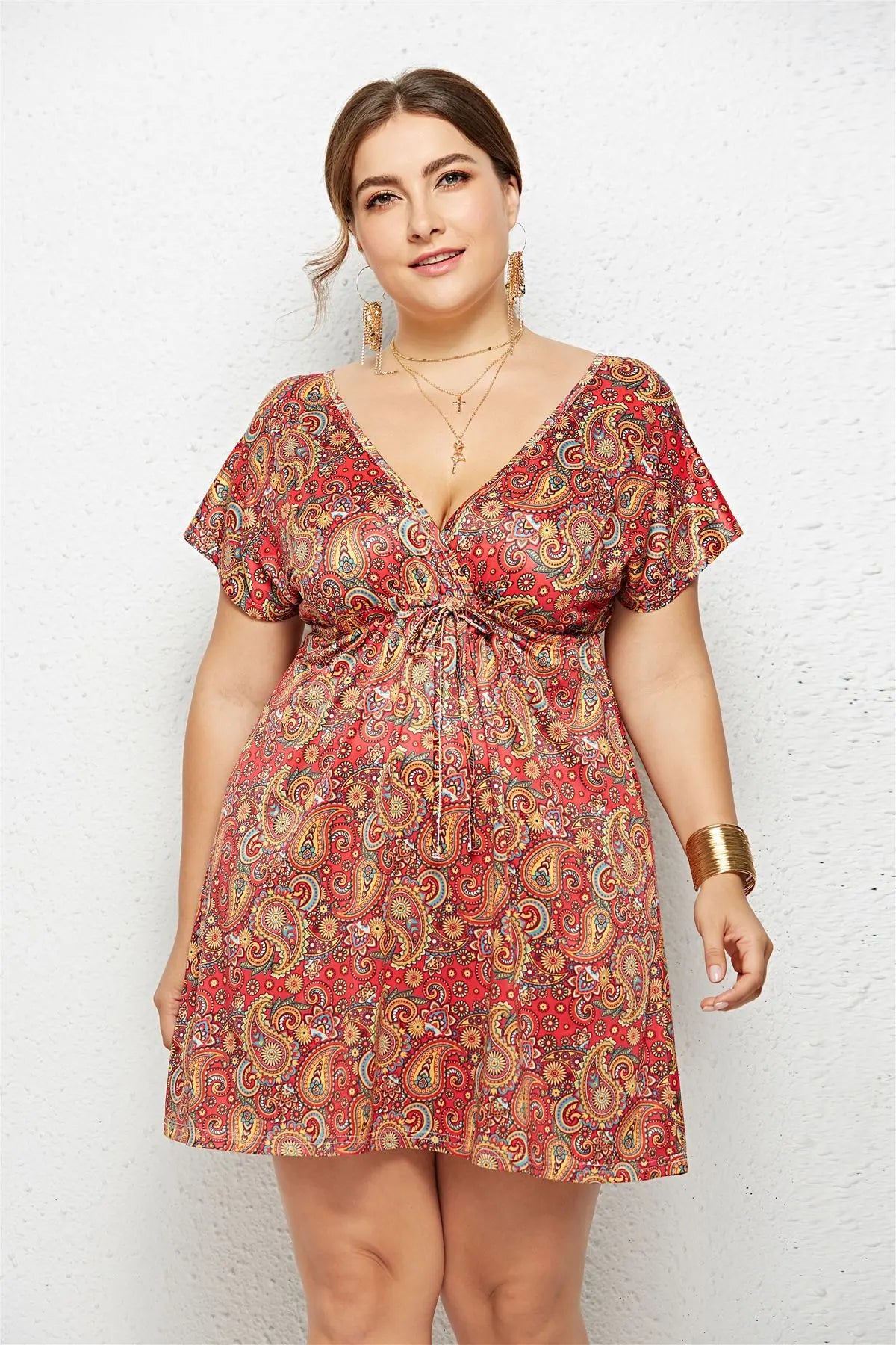 Printed Deep V-Neck Dress with Elastic Waist TAKINMaXX