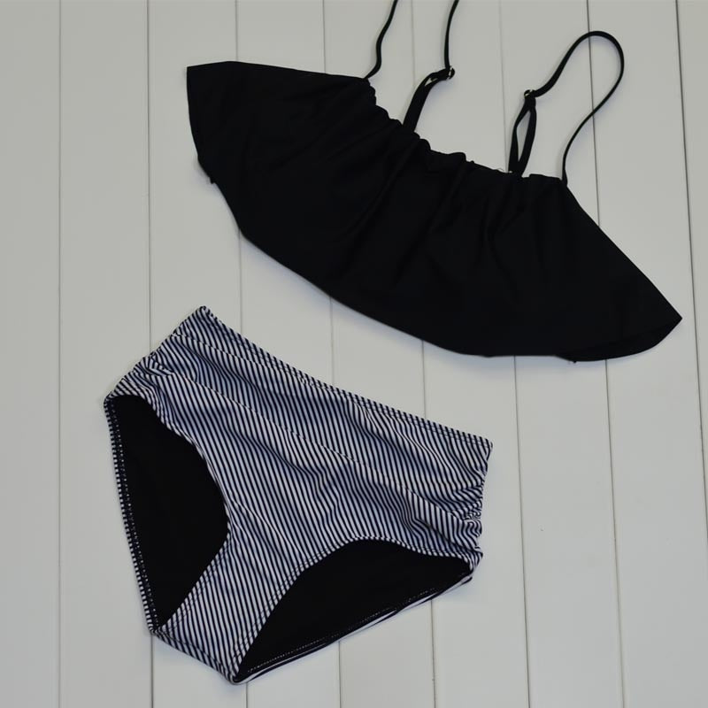 High-Waisted Striped Ruffled Bikini Swimsuit
