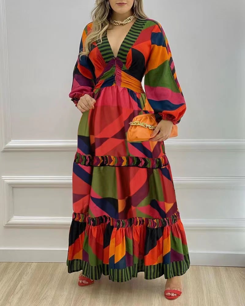 Long Printed V-neck Dress for Fall