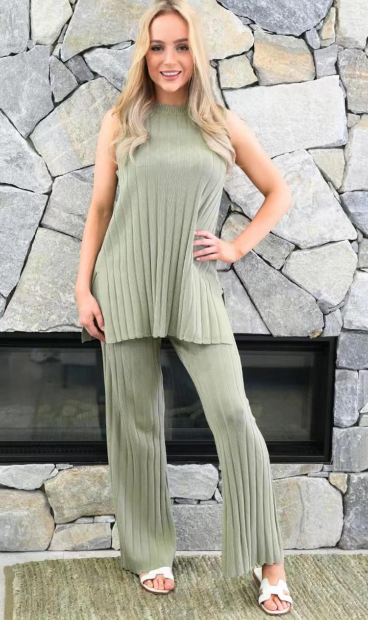2023 Summer Women's Cozy Knit Top & Wide Leg Pants Set