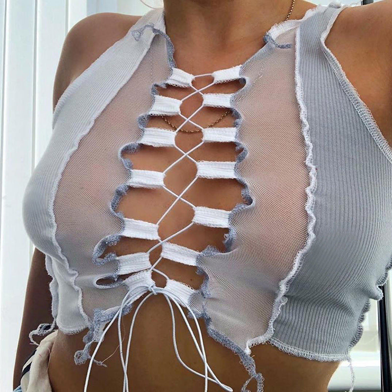 2020 Fall Women's Sheer Mesh Cutout Tie T-Shirt