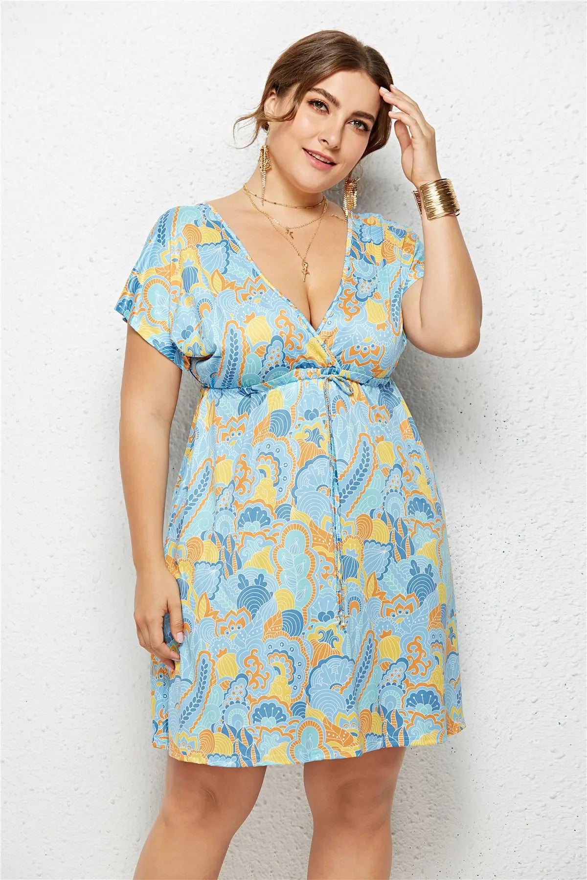 Printed Deep V-Neck Dress with Elastic Waist TAKINMaXX