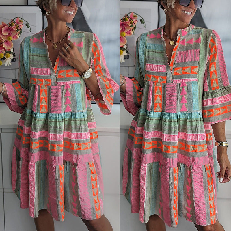 New Women's Printed V-Neck Dress for Fall 2023