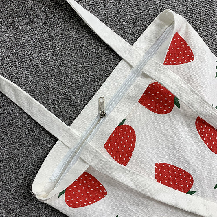 Strawberry Print Women's Canvas Shoulder Bag Large Capacity