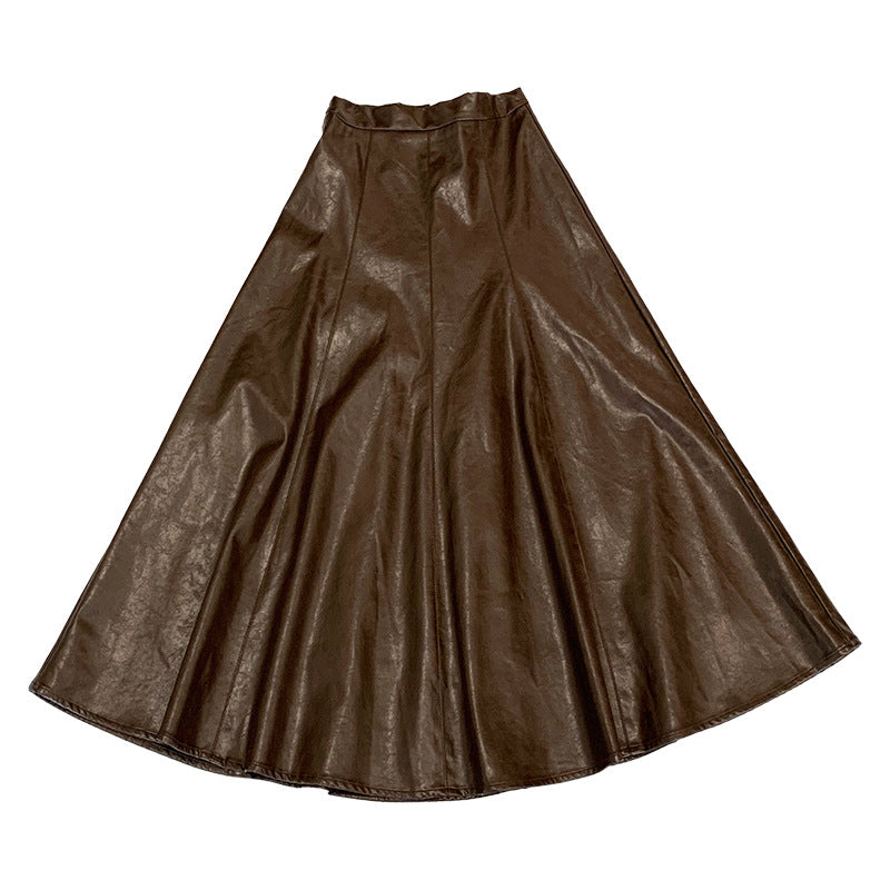 Women's High-Waisted Solid Color Leather Skirt