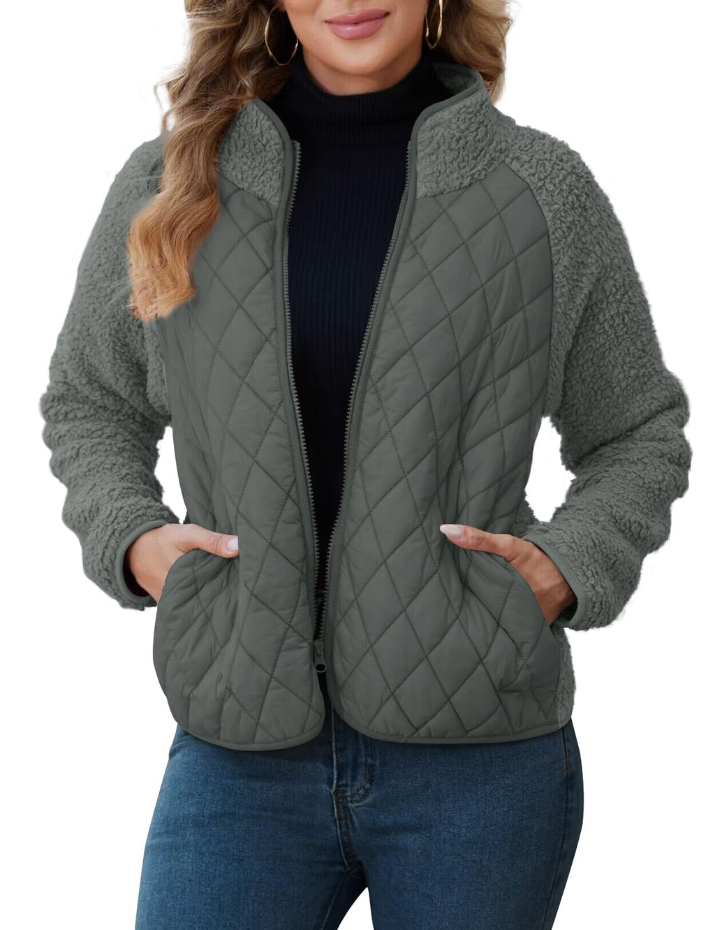 Zilcremo Womens Winter Quilted Jackets Patchwork Fuzzy Fleece Zip Up Jacket Long Sleeve Sherpa Coat Outerwear with Pockets Darkgrey S