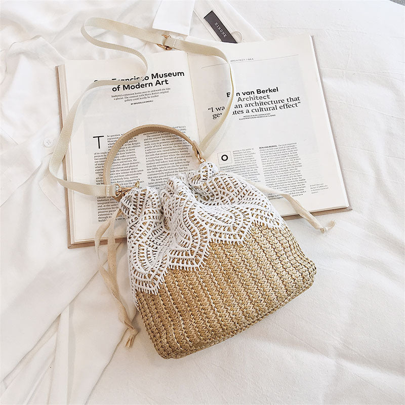 Retro Floral Woven Crossbody Bucket Bag for Women