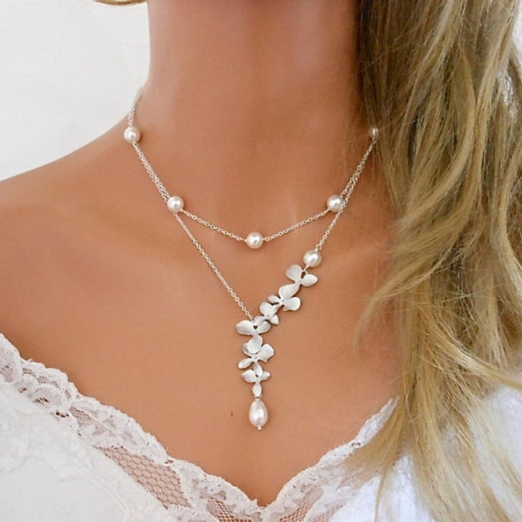 Double Layer Dainty Necklace with White Flower Design