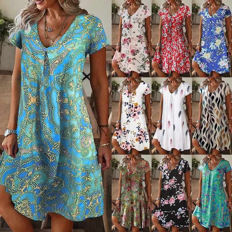 2023 Summer Women's Casual V-Neck Printed Dress