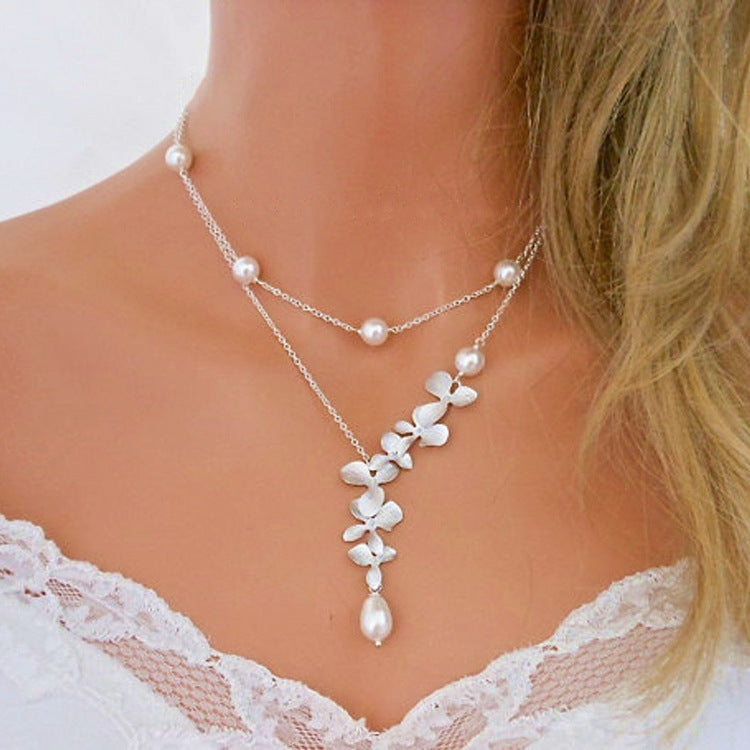 Double Layer Dainty Necklace with White Flower Design