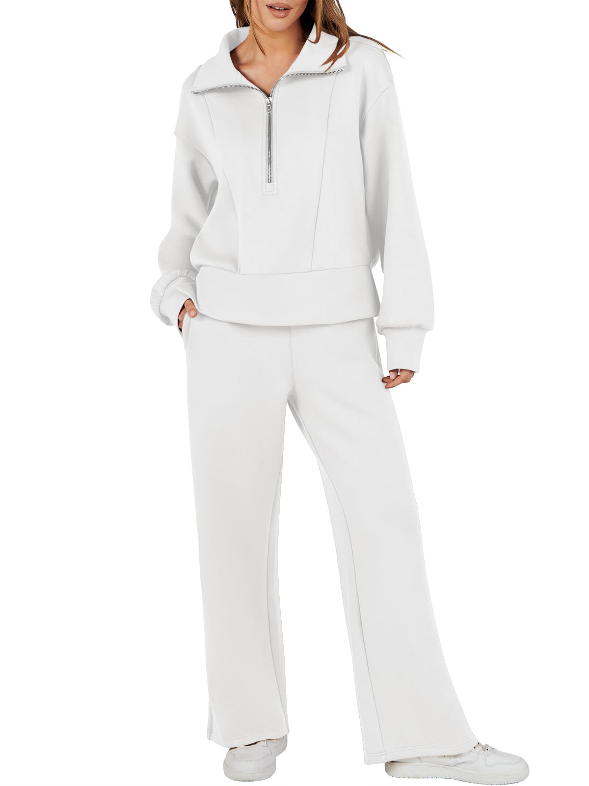 Half-Zip Sweatshirt and Sweatpants Set – 2-Piece Lounge Set, White