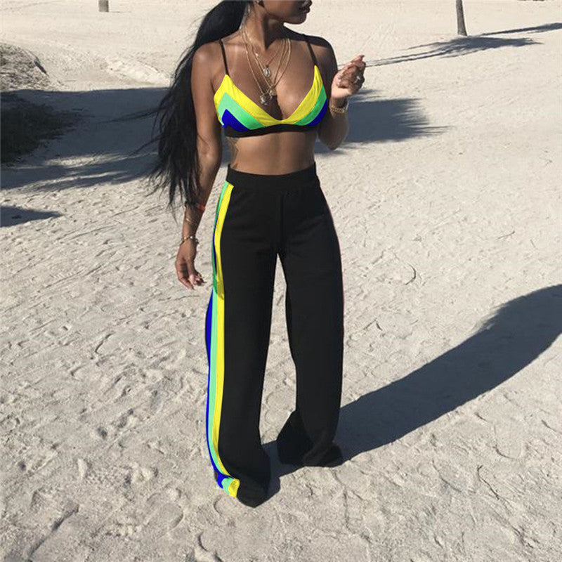 Rainbow Striped Crop Top and Wide Leg Pants Set