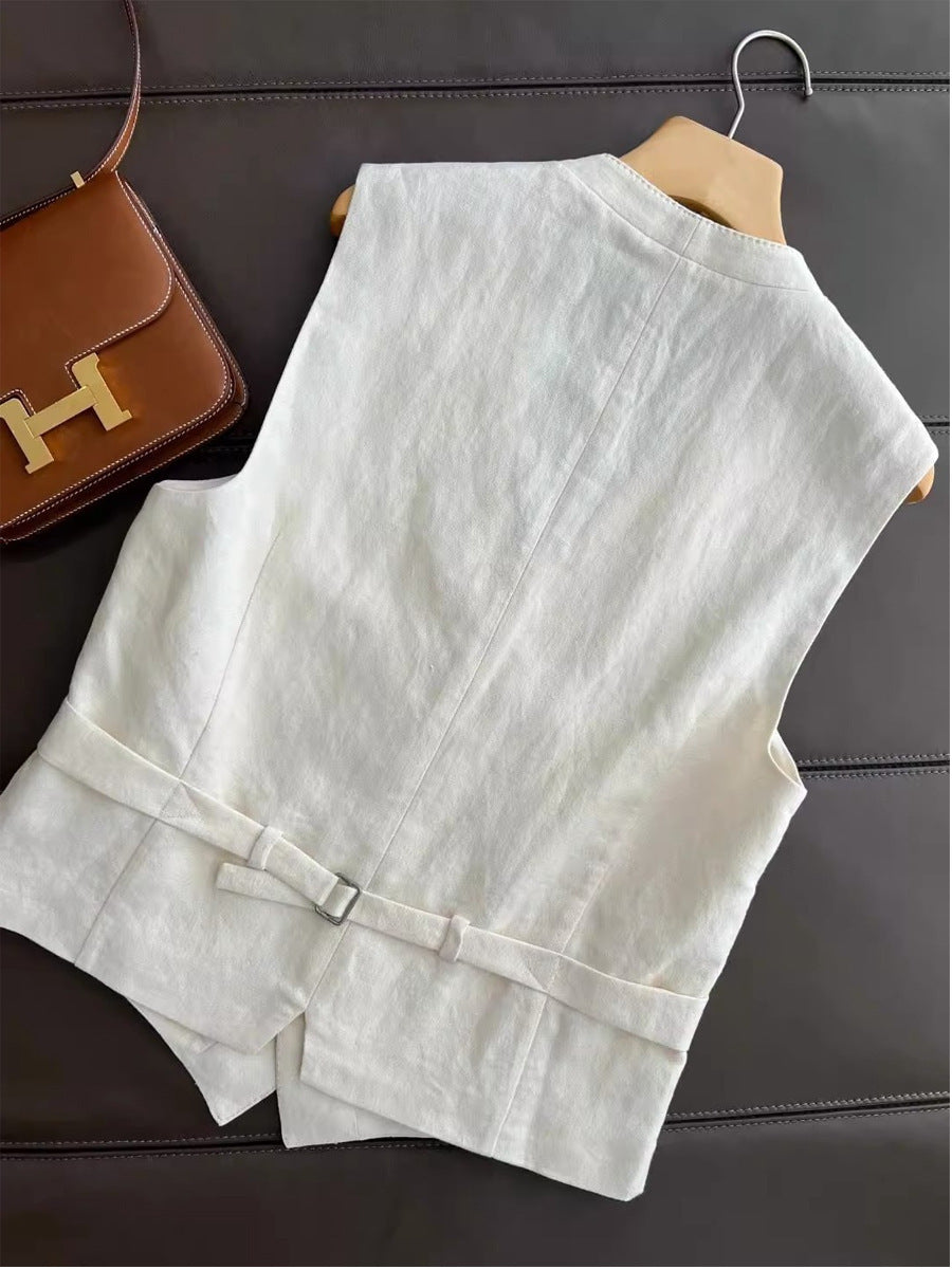 Chic Autumn Cotton-Linen Vest and Wide-Leg Pants Set
