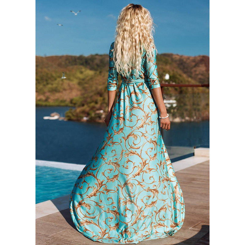 T115 Women's New Printed V-Neck Maxi Dress