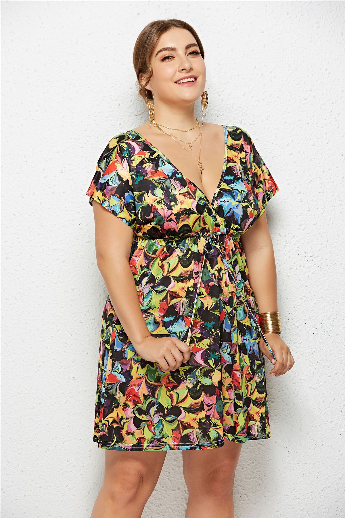 Printed Deep V-Neck Dress with Elastic Waist TAKINMaXX