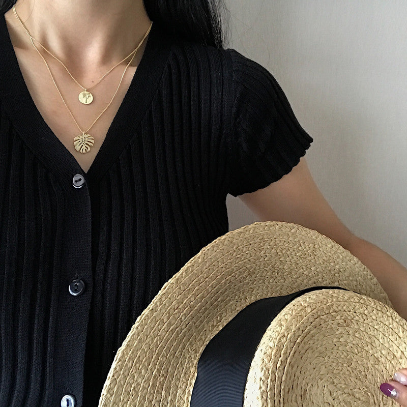Korean S925 Silver Gold Monstera Layered Necklace