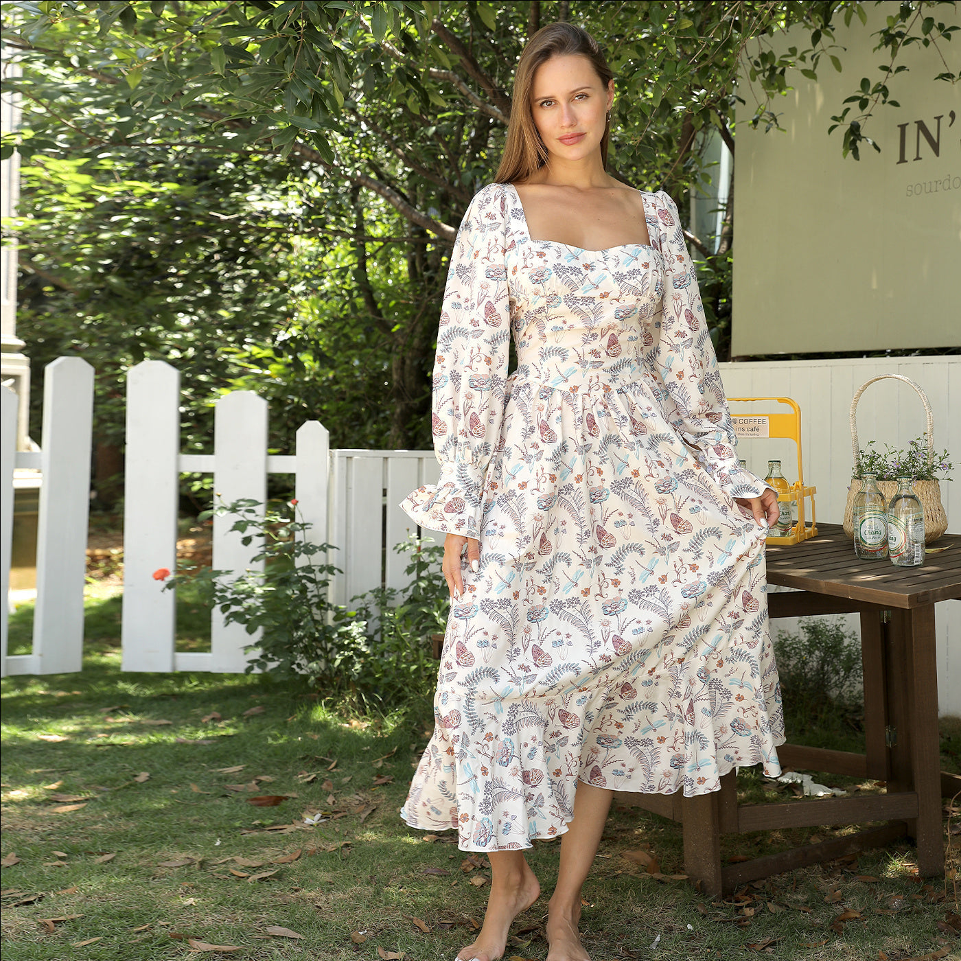 WOMEN’S SQUARE NECK LONG SLEEVED PRINTED DRESS TAKINMaXX
