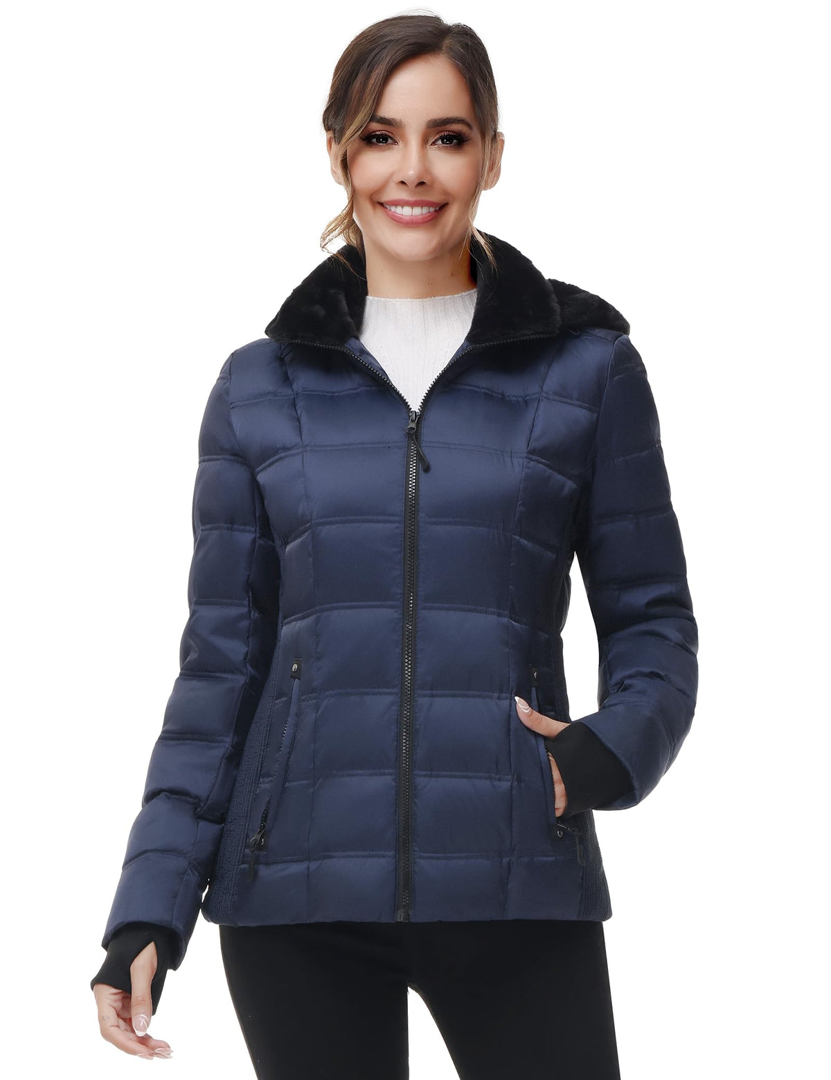 Hooded Down Puffer Jacket with Faux Fur Trim – Navy