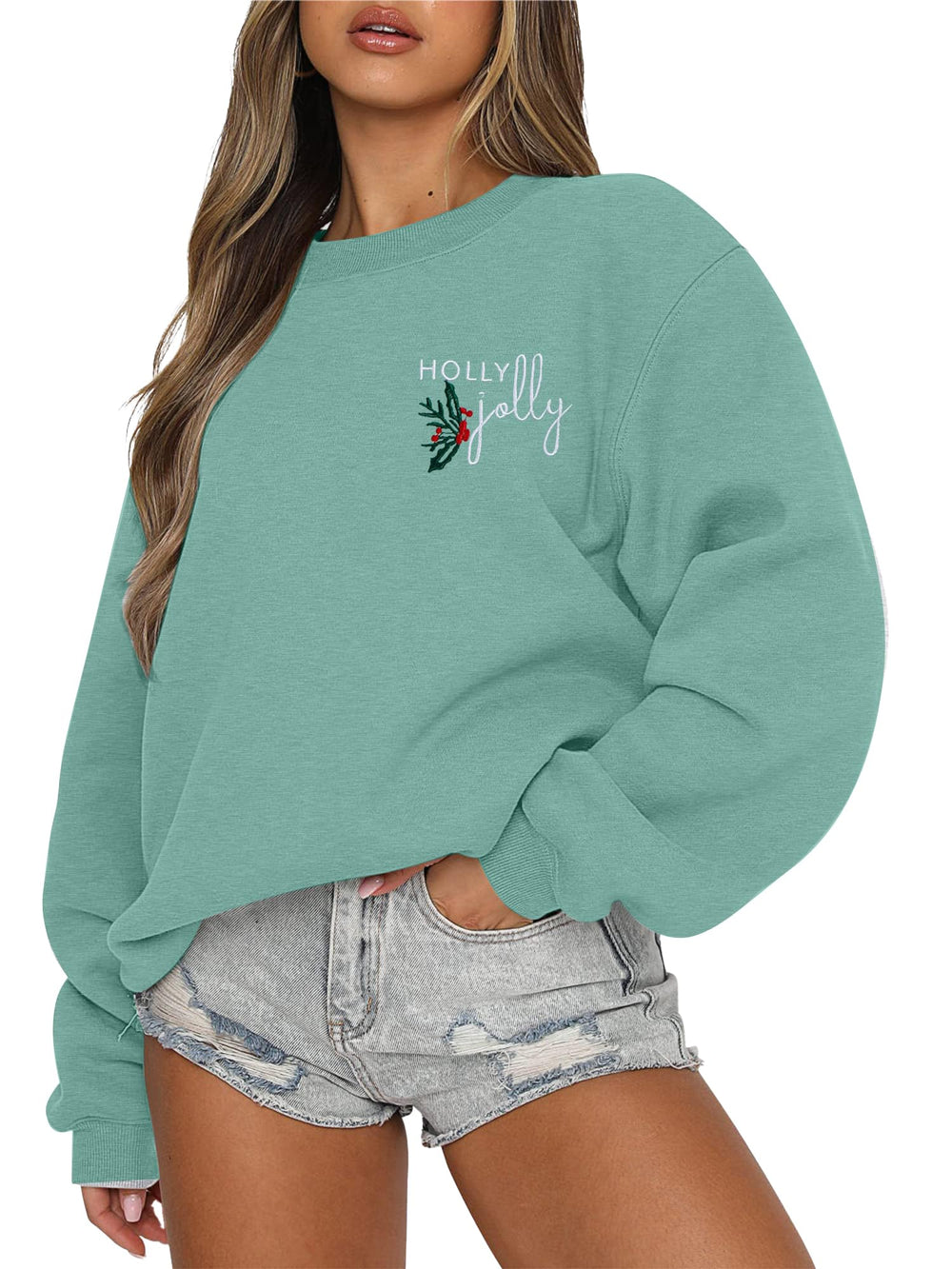 Holly Jolly Embroidered Christmas Sweatshirt – Green
