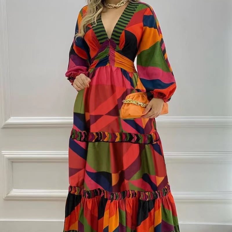 Long Printed V-neck Dress for Fall
