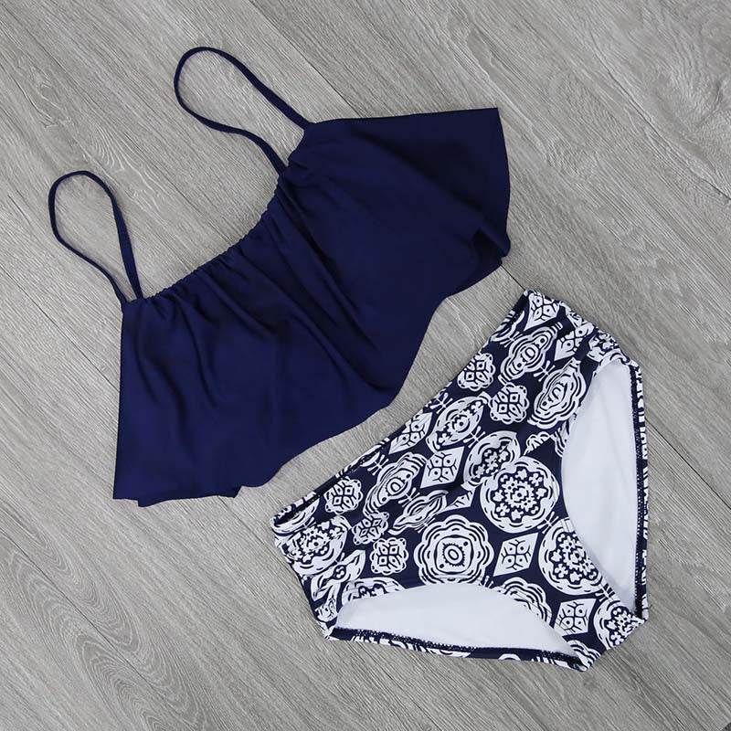 High-Waisted Striped Ruffled Bikini Swimsuit