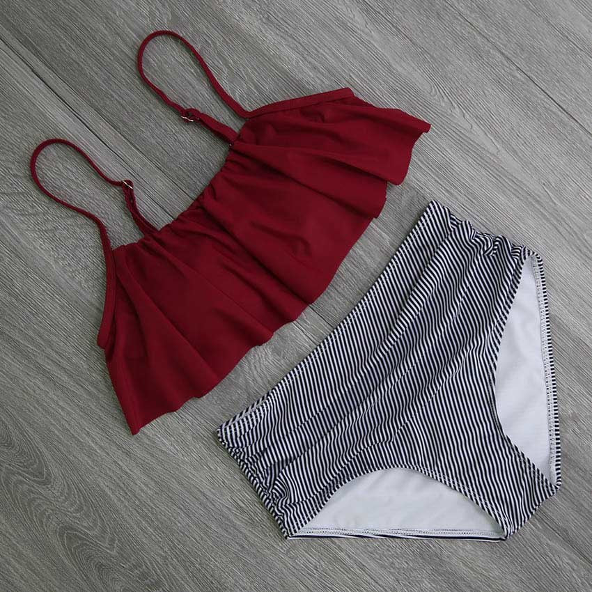 High-Waisted Striped Ruffled Bikini Swimsuit