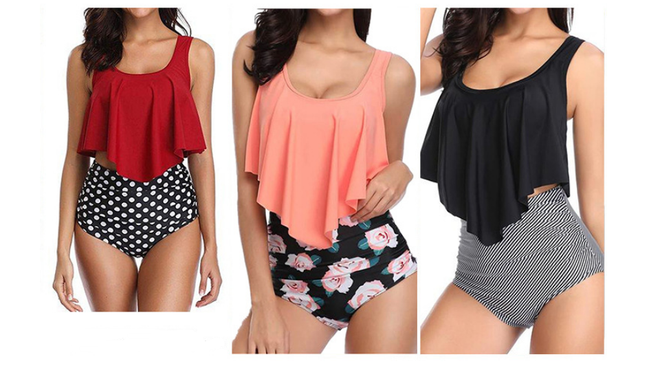 Floral Ruffled High-Waisted Bikini Swimsuit