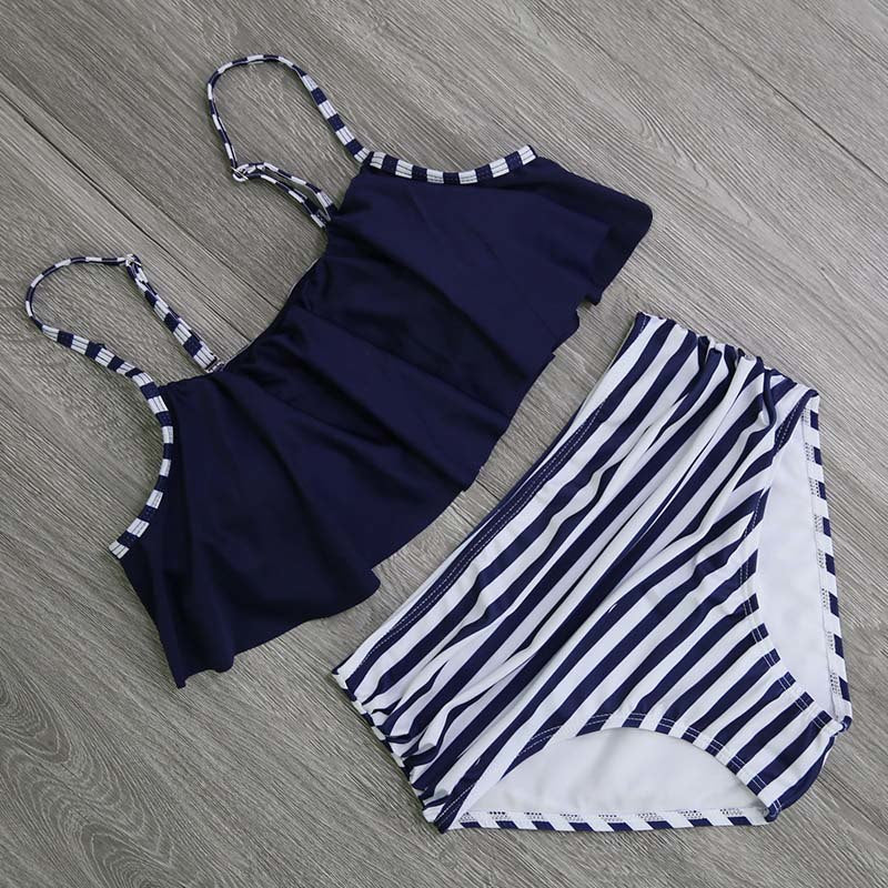 High-Waisted Striped Ruffled Bikini Swimsuit