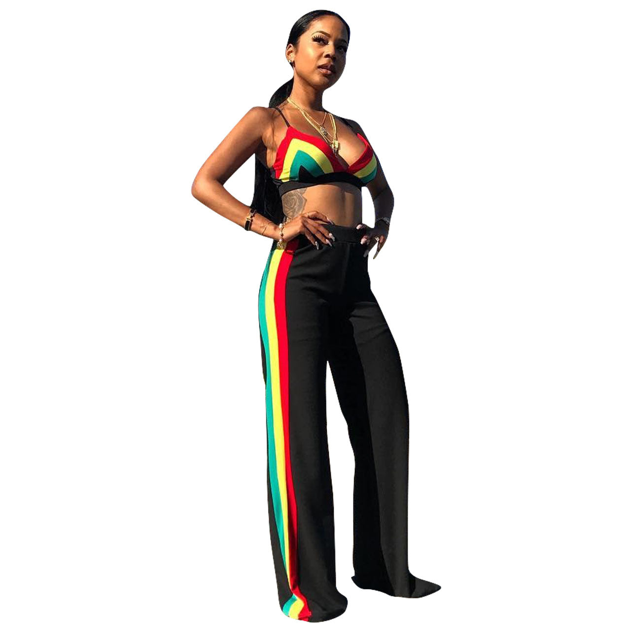 Rainbow Striped Crop Top and Wide Leg Pants Set
