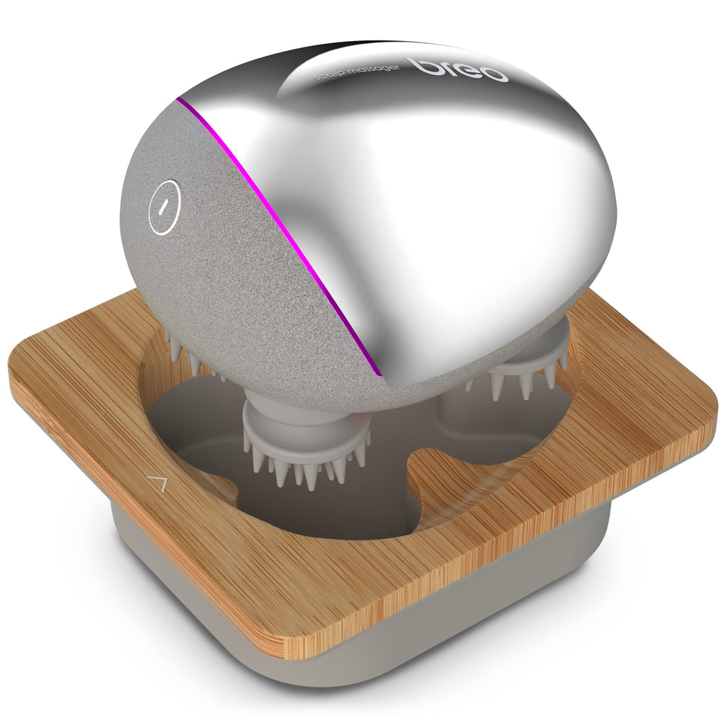 Breo Portable Mini Scalp Massager – IPX7 Waterproof Rechargeable Head Massager for Scalp Relax Stress Relief Tool with Bamboo Wood Charging Base Removable Massage Nodes (Silver with Base)