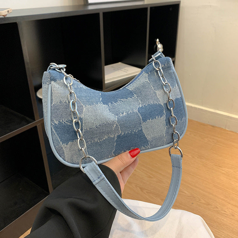Women’s Casual Denim Baguette Shoulder Bag with Chain