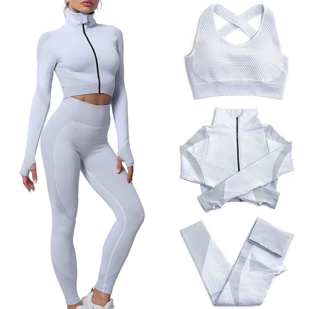 3-Piece Seamless Workout Set – Snake Print Leggings, Bra and Zip Top