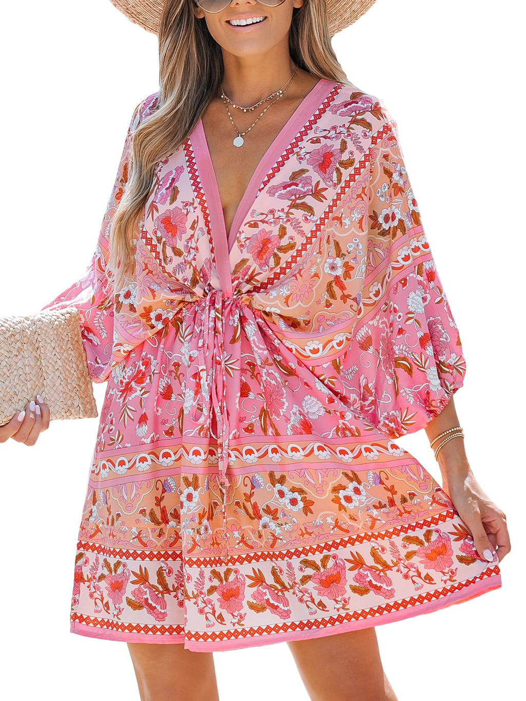 CUPSHE Womens Dress Floral Paisley Print Drawstring Mini Dress Short Sleeve Dressing Casual Medium Pink TAKINMaXX