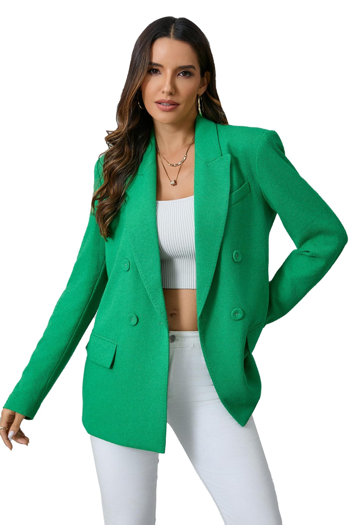 Womens Oversized Double-Breasted Suit Blazer Jacket Top Stitch Long Sleeve Casual Work Office Blazer with Pockets Green