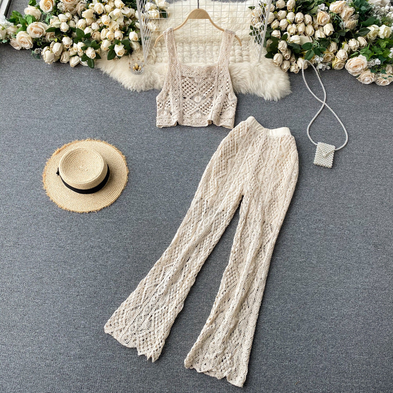 Hollow Lace Wide Leg Knit Pants and Crop Top Set