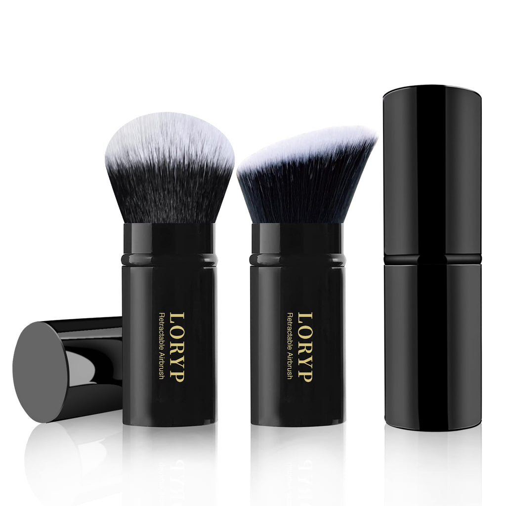 LORYP Retractable Makeup Brush Black Kabuki Foundation Brush for liquid Cream and Powder Makeup 2 Pack Travel Makeup Brush Set