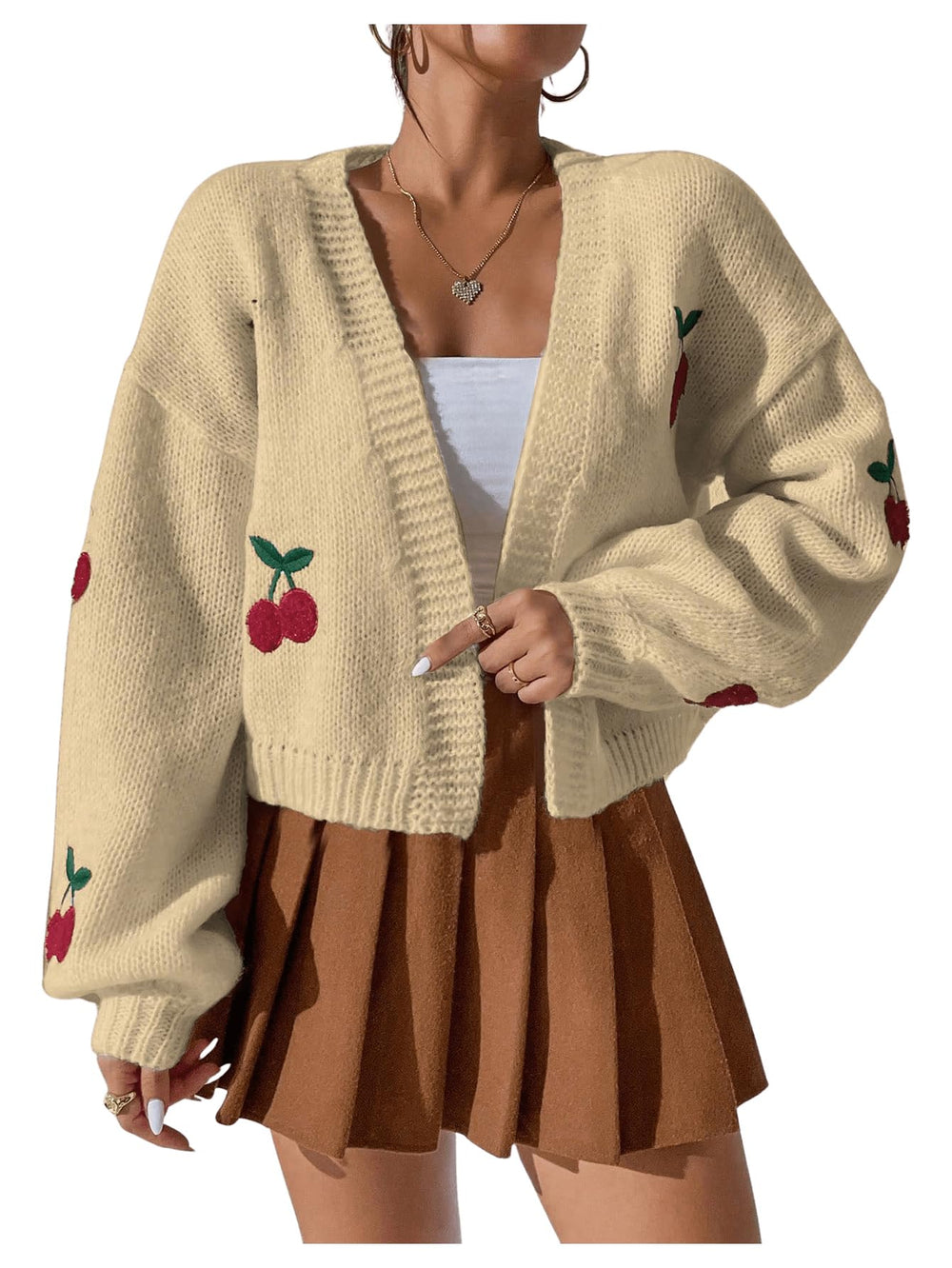 Cherry Graphic Cable Knit Cropped Cardigan