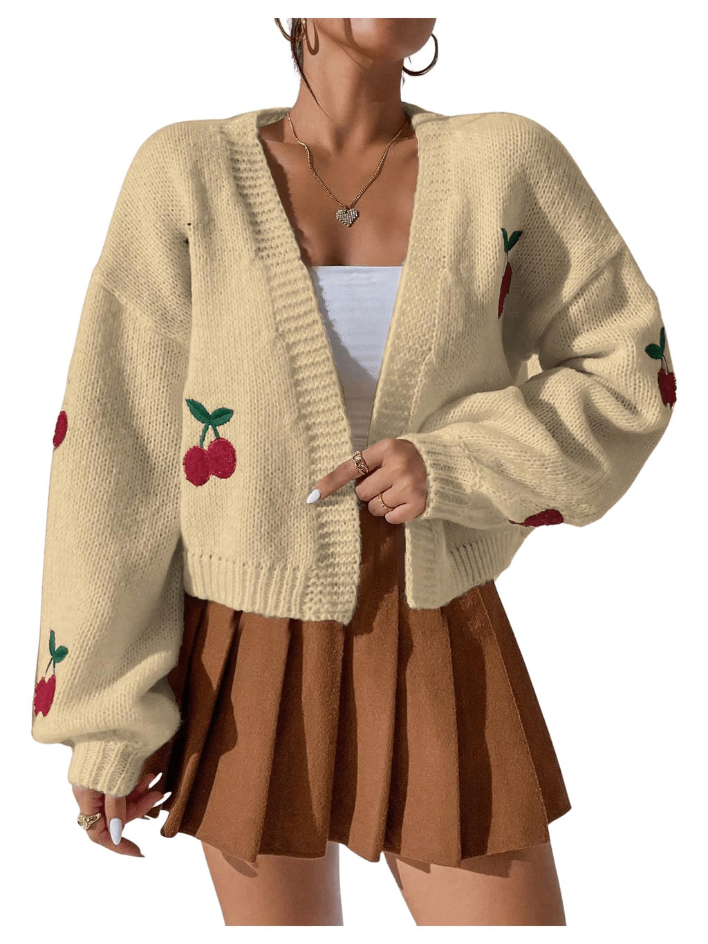 GORGLITTER Womens Graphic Cherry Cardigan Open Front Cable Knit Lantern Sleeve Cropped Cardigan Sweater Beige Cherry XX-Large