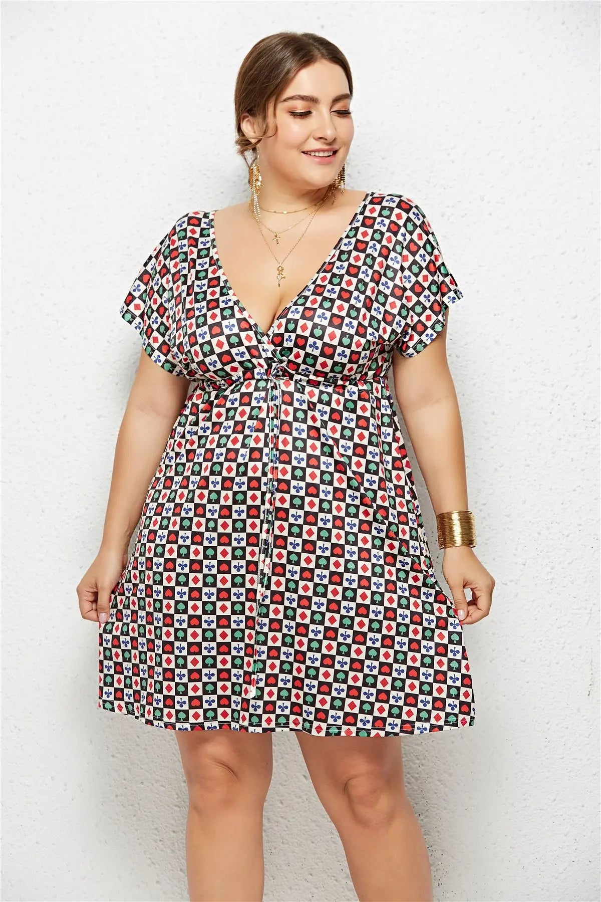 Printed Deep V-Neck Dress with Elastic Waist TAKINMaXX