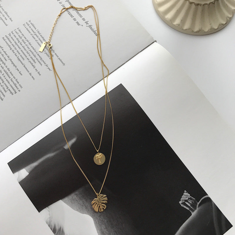 Korean S925 Silver Gold Monstera Layered Necklace