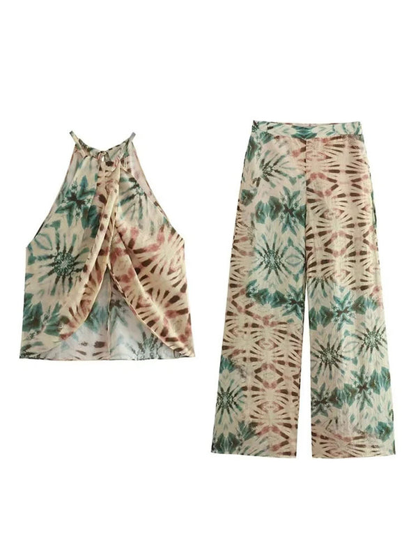 Retro Floral Halter Top with High-Waisted Wide-Leg Pants