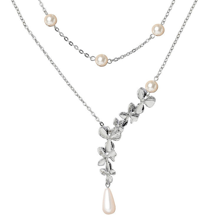 Double Layer Dainty Necklace with White Flower Design
