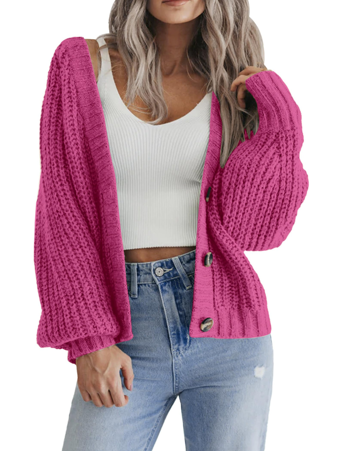 Zeagoo Womens Button Cardigan 2024 Long Sleeve Loose Knit Button Up Cardigan Sweaters Rose