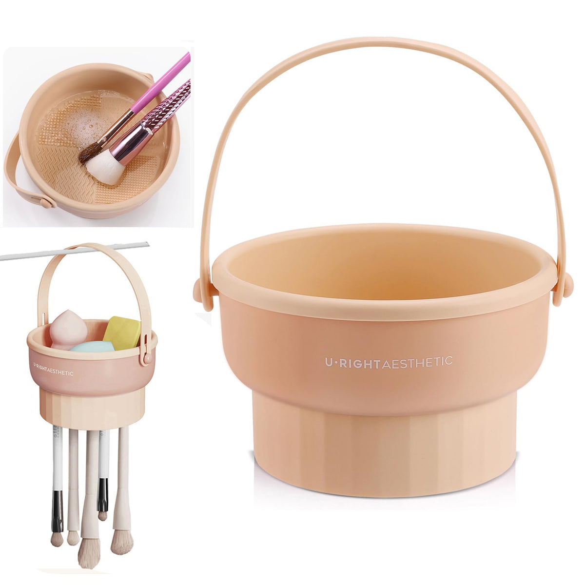 UPTOZOBLY 3 in 1 Brush Cleaning Mat with Brush Drying Holder Silicone Makeup Brush Cleaner Mat Make Up Brush Cleaning Bowl Cosmetic Brush Washing Tool for Makeup Brush Sponge Powder Puff (Khaki)