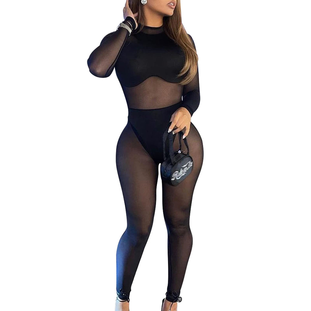 Black Sheer Mesh Bodycon Jumpsuit – Long Sleeve, High Waist