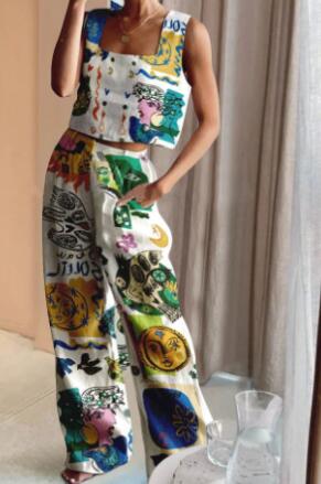 Palm Beach Set - Wide Leg Pants and Crop Top (One Set)