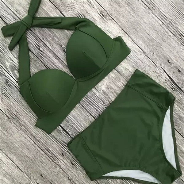 Solid Color High-Waisted Bikini Women's Swimsuit